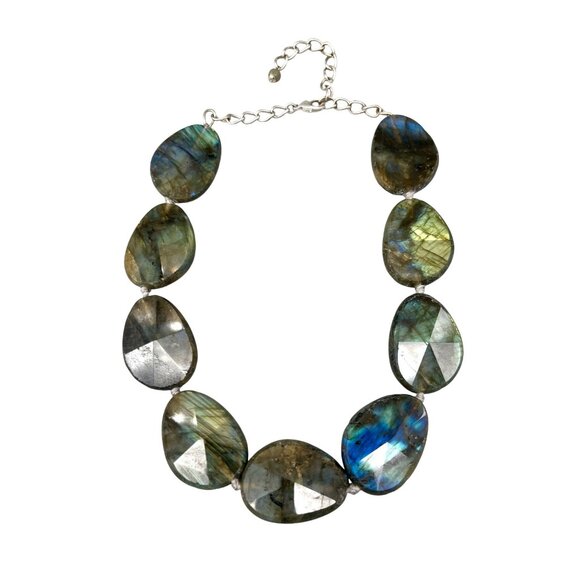 Labradorite Statement Necklace Polished Faceted Madagascar 17-21" Crystals - Picture 8 of 12